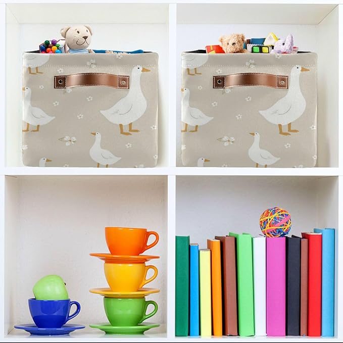 Aslsiy Storage Basket Cute White Gooses Nursery Bins Baby Box Canvas Clothes Shelf Basket Laundry Hamper Gift Basket for Home Closet 2 Pcs