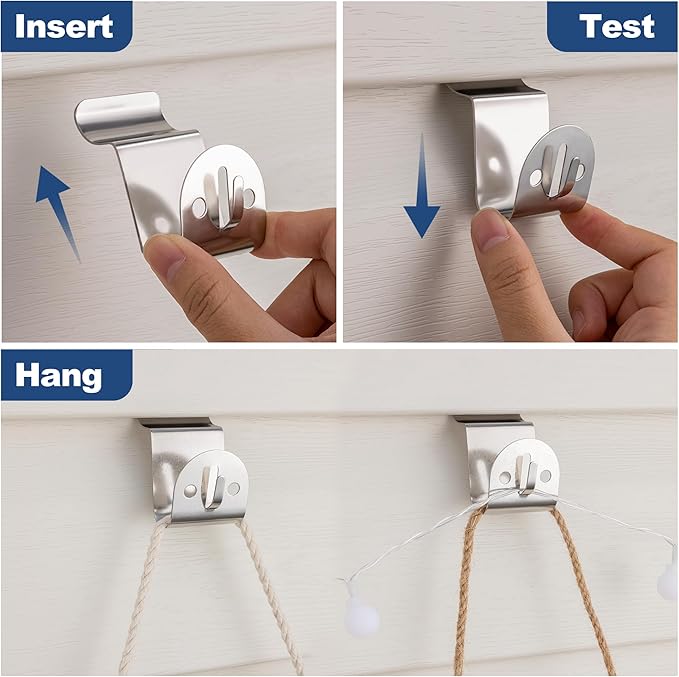 ANDGOO Vinyl Siding Hooks Heavy Duty, 8 Pack Stainless Siding Clips, No Hole Hooks Vinyl Hangers with String Light Holes for Hanging Outdoor Decor, Wreath, String Lights, Holds Up to 20lbs