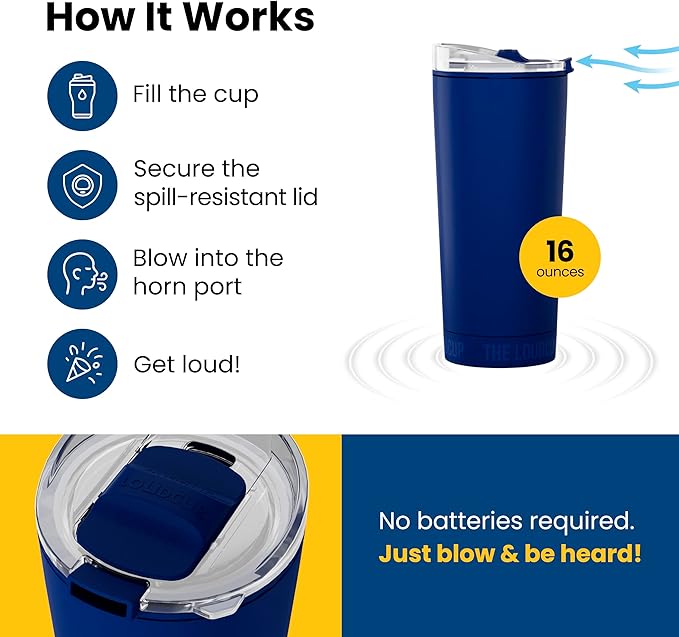 The LoudCup Blow Horn Tumbler, Cheer & Sip 2-in-1 Reusable Water Bottle with Built-In Horn for Sports Games, Tailgates, Parties & Events, BPA-Free
