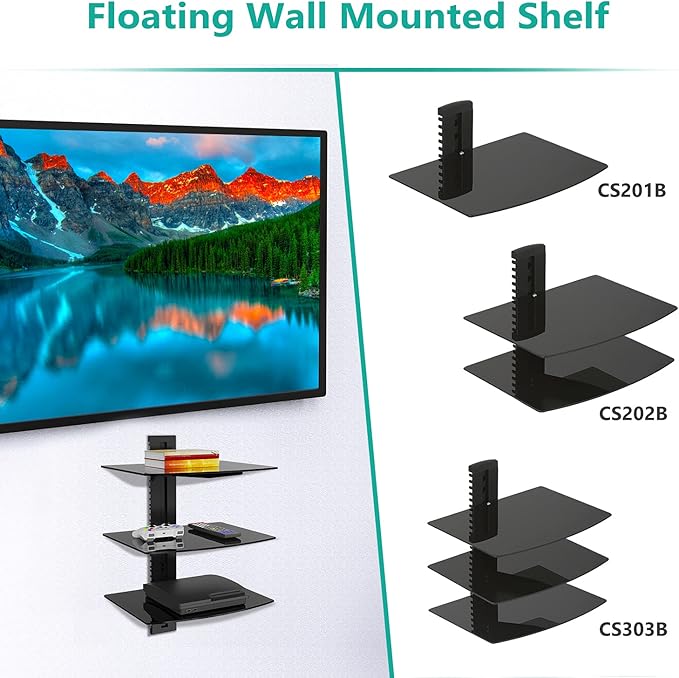 WALI Floating TV Shelf, 3 Tier Glass Projector Shelf for DVD Players, Routers, Game Consoles, Cable Boxes, Living Room Decor Accessories, Wall Mount Shelves Holds Up to 17.6lbs(CS303B), 3-Shelf, Black
