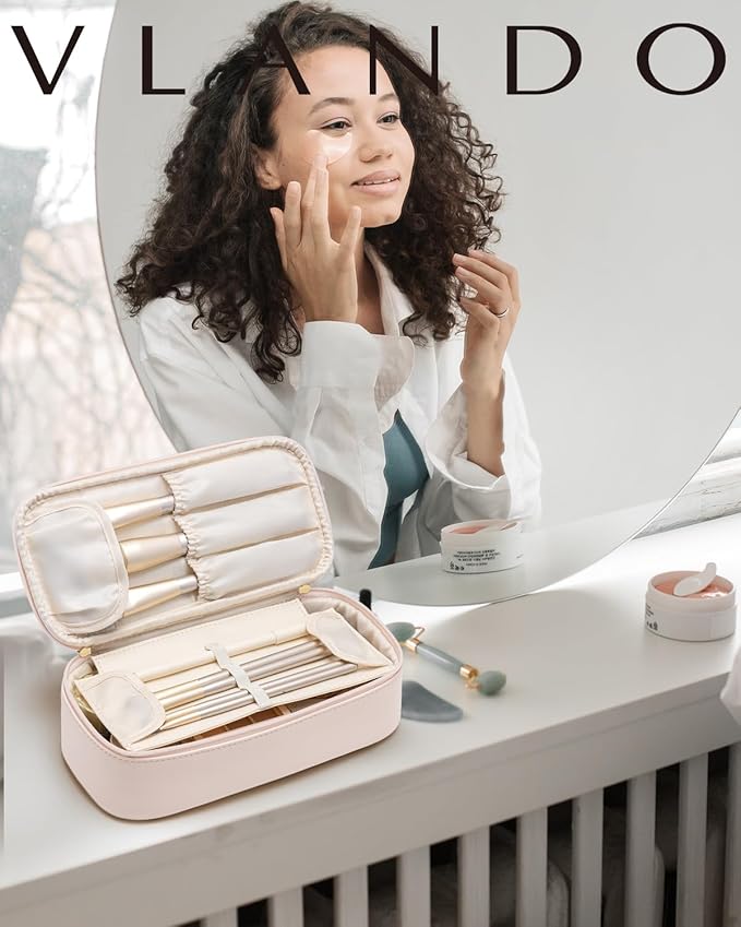 Vlando Makeup Travel Bag,Small Makeup Bag for Women,Gifts for Women Girls, Makeup Pouch Purse Travel Essentials Toiletries-Apricot Pink