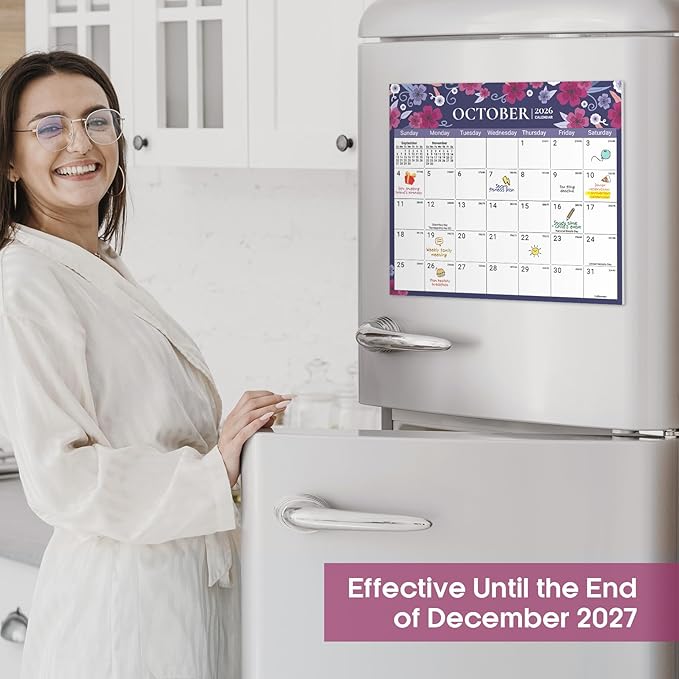Aesthetic 2026-2027 Magnetic Calendar for Refrigerator, 21-Month Fridge Calendar Magnet from April 2026 to December 2027, Easy Organizing，Twilight Petals