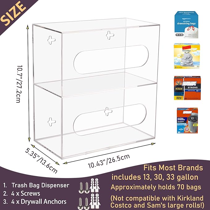 Trash Bag Dispenser Roll Holder Wall Mount and Under Sink, 2 Compartment Clear Acrylic Cabinet Kitchen Organizer Storage Box for Garbage Bags Grocery Bag Can Plastic Shopping Bag Container…