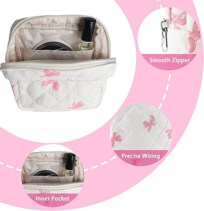 Small Quilted Cotton Makeup Bag for Purse Mini Cosmetic Period Bag for Women Cute Pink Bow Makeup Sanitary Pouch Portable Travel Toiletry Bags with Zipper Christmas Birthday Gifts