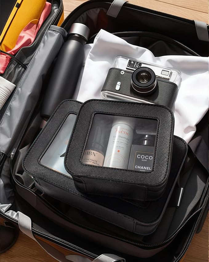 Small Clear Makeup Bag for Purse Travel Cosmetic Case Transparent Toiletry Bag with Zipper, Portable Make Up Organizer Traveling Compact Car Bag for Essentials (Black, Mini)