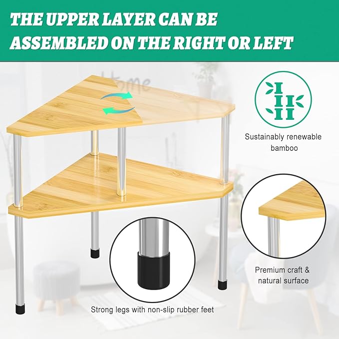 Weenson Bathroom Organizer Countertop Corner Shelf – 2 Tier Bathroom Organization Bamboo Spice Rack Kitchen Countertop Organizer Space Saving Storage Shelves Living Room Office Home Decor