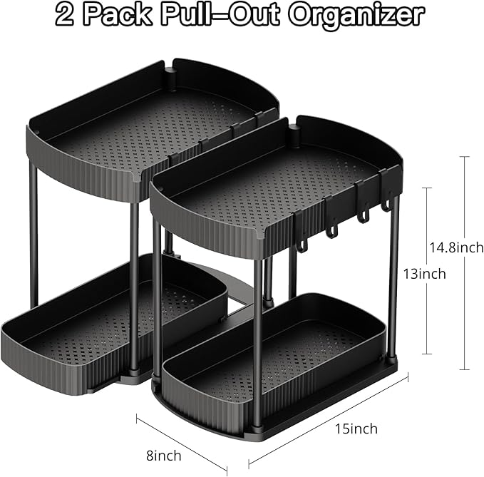 2 Pack Multi-Purpose Pull-Out Storage Organizers, Under Sink Organizers and Storage for Bathroom & Kitchen, Under Cabinet Organizers and storage, 14.8 Inch, Black