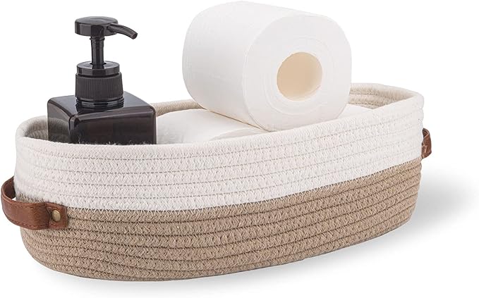 Cotton Rope Bathroom Decor Basket,Toilet Paper Holder Basket,Farmhouse Home Decor Organizing Baskets 13"x5.9"x4" Brown Stitching White