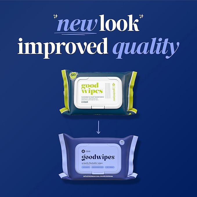 goodwipes Flushable Wipes - Cedar Wet Wipes for Adults, Sewer & Septic Safe, Guest Bathroom Essentials for Women & Men, pH Balanced & Extra Large, 153 Count (3 Packs and 3 Singles)