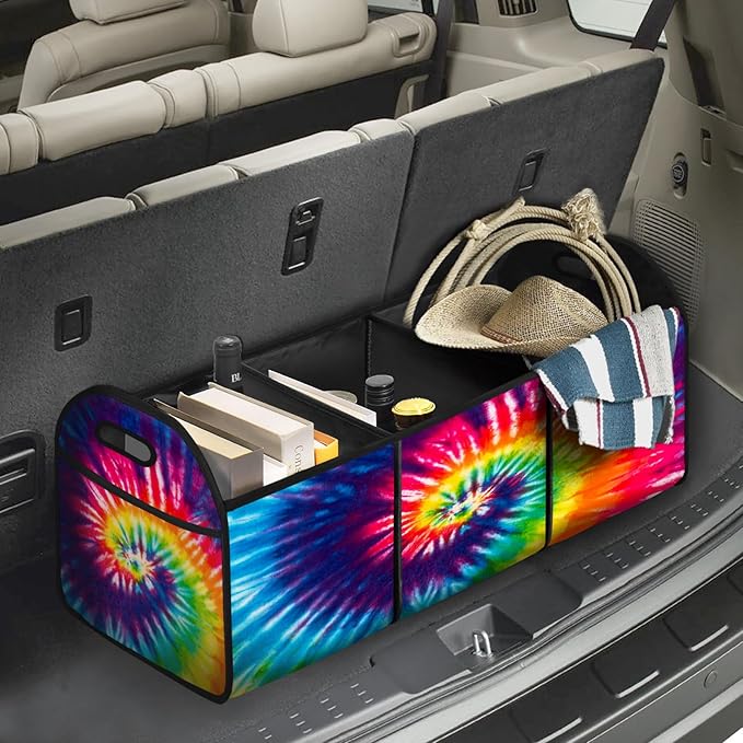 FREZORA Tie-Dye Car Trunk Organizer Storage Box Collapsible Non-Slip Automotive Organizer Vehicle Organization