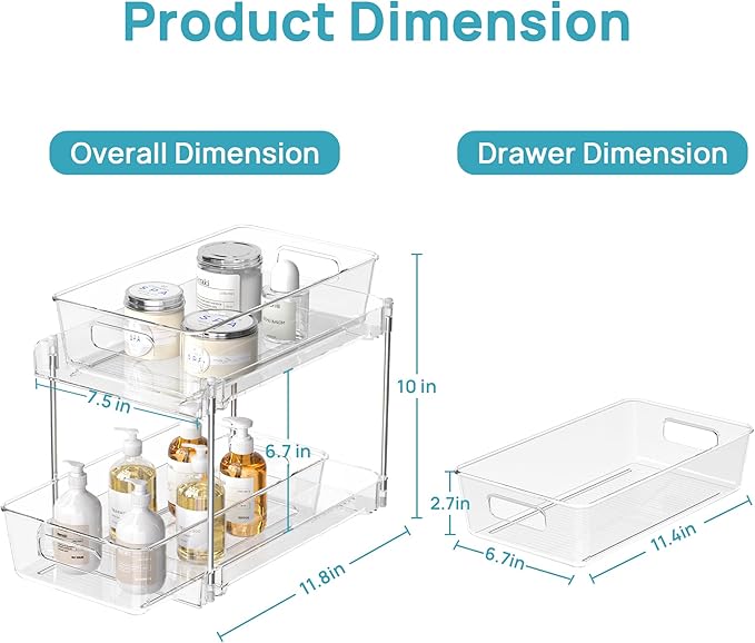 Vtopmart 4 Pack Bathroom Organizer, 2 Tier Clear Under Sink Organizers Vanity Countertop Storage Container, Cabinet Drawers Bins, Pull-Out Organization with Track for Pantry, Kitchen