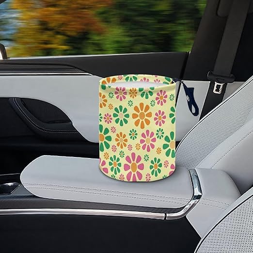 Panskyllis Colorful Hippie Flower Car Trash Bin Garbage Can Foldable Rubbish Bin Basket Bag Portable Cup Holder Organizer with Strap Universal Storage Bag Box for Fit Most Cars, SUVs, Trucks