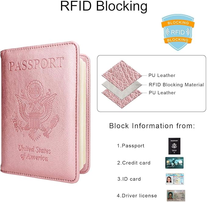 WALNEW Passport Holder for Travel, RFID Passport Cover Wallet for Women Men, PU Leather Passport Book Card Holder Case with Pen (Upgraded, Upgraded-Rosegold)