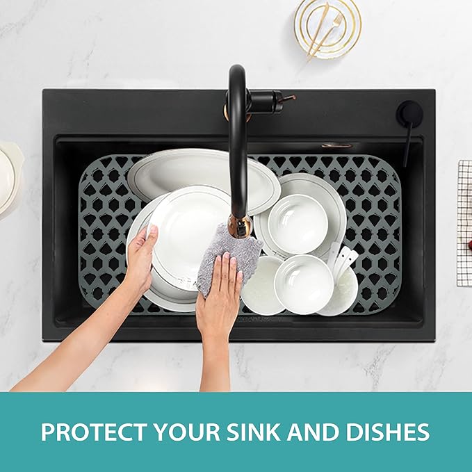 Sink Protectors for Kitchen Sink, Kitchen Sink Accessory - Silicone Mats Grid for Stainless Steel Strainer Bottom of Farmhouse Porcelain sinks (30”x16”, Rear Drain)