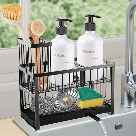 Sinnsally Kitchen Sponge Holder, 2 Tier Sink Caddy Organizer with High Brush Holder, Stainless Steel Sink Box Dish Scrubber Holder, Soap Tray for Kitchen Counter Accessories & Storage Rack (Black)