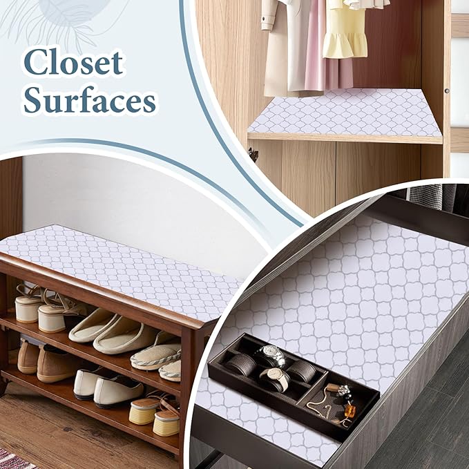 Shelf Liners for Kitchen Cabinets 17in x 20FT Non Adhesive Drawer Liner Silver Quatrefoil Shelf Liner Paper Strong Non-Slip Easy to Clean for Tool Box Refrigerator with Knife and Tape Measure