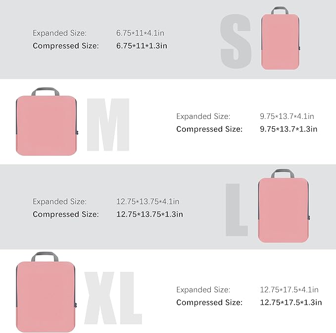 4 Set Compression Packing Cubes Travel - Travel Accessories Expandable Packing Organizers for Carry On - Essentials Luggage Bags - Pink