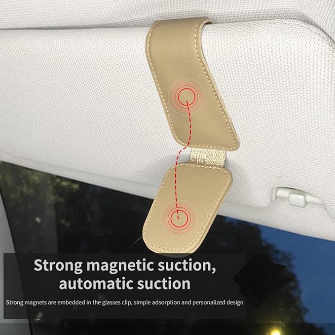 Magnetic Leather Sunglass Holder for Car, Sunglasses Clip for Car Visor, Auto Interior Accessories Universal for Different Size Eyeglasses (Beige)