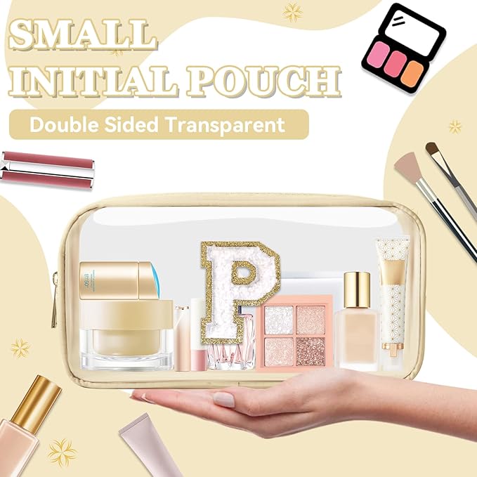Small Clear Personalized Initial Makeup Bag, Preppy Nylon A-Z Chenille Letter Patch Makeup Organizer TSA Approved Travel Toiletry Bag,Waterproof Zip Beach Cosmetic Pouch Purse for Women(Beige-White P)
