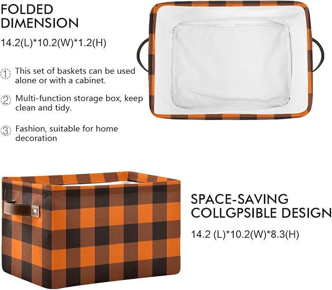 Aslsiy Storage Basket Orange Black Plaid Nursery Bins Baby Box Canvas Clothes Shelf Basket Laundry Hamper Gift Basket for Home Closet 1 Pcs