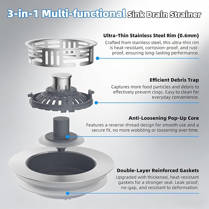 Hibbent Upgraded 2 Pack 3 in 1 Kitchen Sink Drain Strainer, Stainless Steel Pop Up Sink Stopper, Larger Anti-Clogging Basket, 3-Layer Seal, Detachable Plug for US Standard 3-1/2" Drain, Brushed Nickel