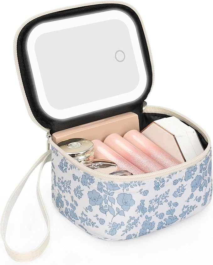 Relavel Mini Makeup Bag with Led Mirror, Small Floral Cosmetic Bag with 3 Light Modes, Rechargeable Portable Makeup Pouch with Hands-Free Wrist Strap for Pool Parties丨Work Touch-Ups丨Travel