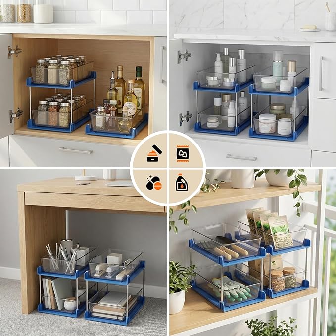 2 Pack 2 Tire Under Sink Organizer, Bathroom Organizers and Storage,Cabinet Drawers Bins, Pull-Out Organization with Track for Pantry, Kitchen,Fridge,Vanity Countertop (blue