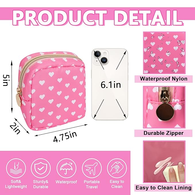 Mini Makeup Pouch for Purse, Small Cosmetic Bag Pouch Nylon Travel Toiletry Organizers for Women Girls, Cute Storage Zipper Pouch Coin Purse for School Work Camping (Mini-Pink Heart)
