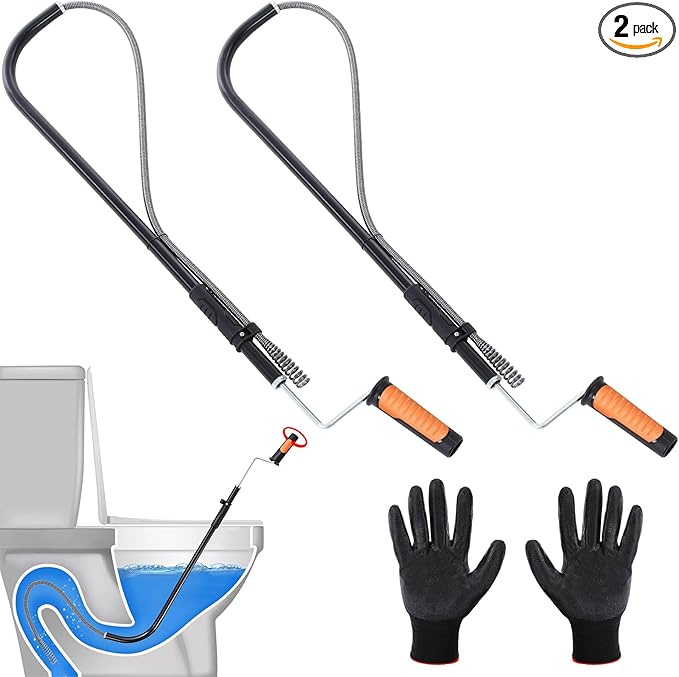 Dreyoo 2 Set 3FT Toilet Auger Heavy Duty Manual Toilet Snake Drain Clog Remover, Rust Proof Pipe Drain Snake with Scratch Free Sleeve for Unclogging Bathroom, Sinks, Kitchen, Sewers, with Gloves