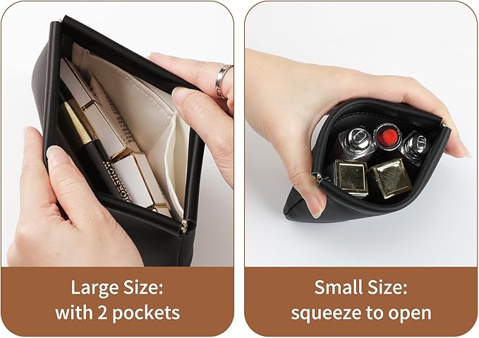2pcs Small Pouches for Purse, Self-closing Mini Makeup Bag, Organosilicon Super Fiber Leather Coin Purse for Women Travel Pouch Small Cosmetic Bag| Lipstick, Jewelry, Change, Card (Black)