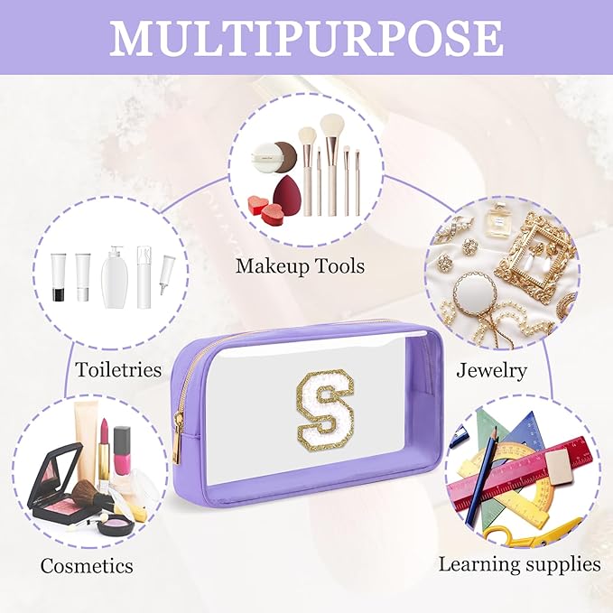 Small Clear Personalized Initial Makeup Bag,Nylon Preppy A-Z Chenille Letter Patch Cosmetic Pouch Beach Toiletry Bag,Waterproof Zip Travel Purse Storage Bag Organizer for Women Girls(Purple-White S)