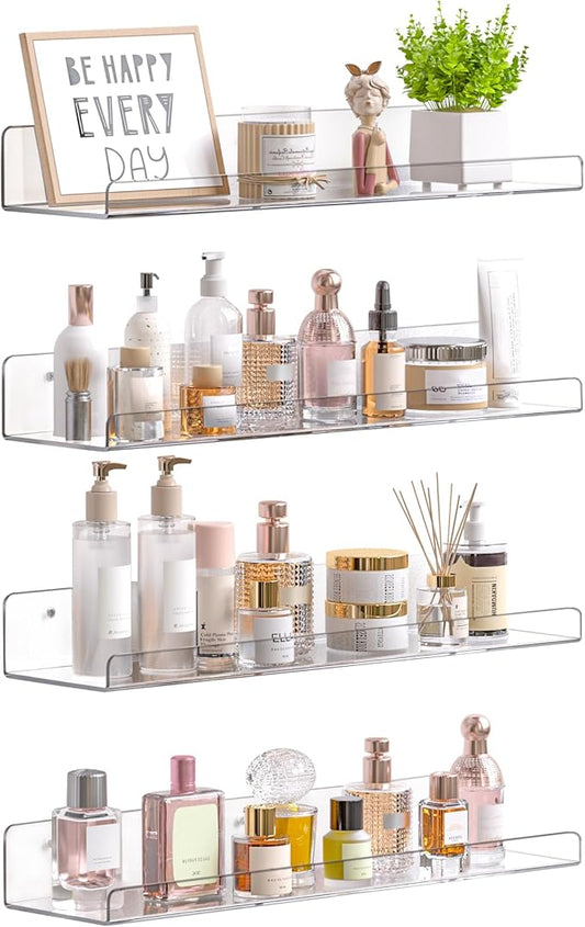 upsimples Acrylic Shelves for Bathroom Storage, 15" Floating Shelves Wall Organizer for Perfume, Makeup, Skincare, Kids Bookshelf for Bedroom, Nursery, Living Room Decor, Clear, 4 Pack