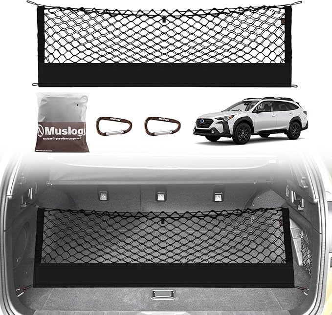 Muslogy Envelope Style Trunk Cargo Net Compatible with 2015-2024 2025 Outback Accessories Custom Fit Trunk Organizer Upgraded Storage Luggage Net with Metal Hooks