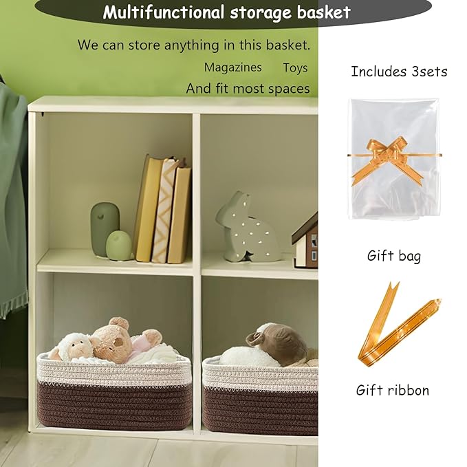 COMFY-HOMI 11.5"x7.5"x4.7" Storage Baskets for Organizing | Cotton Rope Woven Basket | Toy Storage Bin Box | Basket for Shelves, Closet Organizer Bin, Decorative Closet Shelf, 1 Pack,dark brown/white