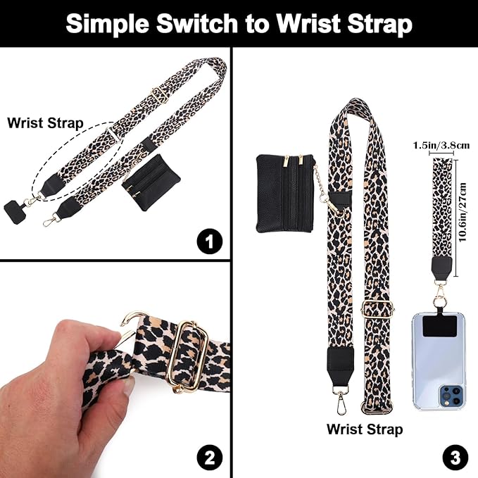 XANGNIER Clip and Go Strap for Phone with Wallet Crossbody, Phone Strap with Zippered Wallet, Adjustable Anti-Theft Cellphone Lanyard for Women, Cellphone Chain Accessories, Leopard
