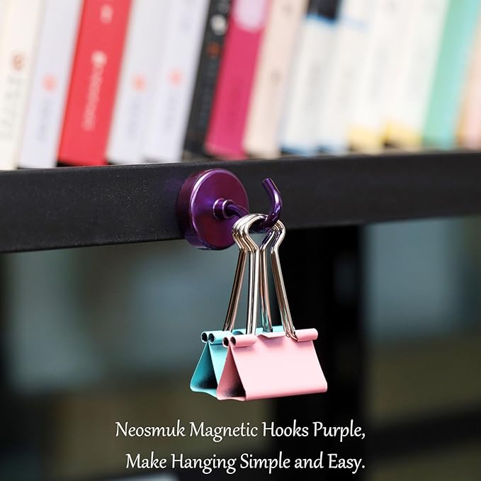 Neosmuk Magnetic Hooks, Heavy Duty Earth Magnets with Hooks for Refrigerator, Extra Strong Cruise Hooks for Hanging, Magnetic Hangers for Curtains, Grills (Purple, 6 Pack)