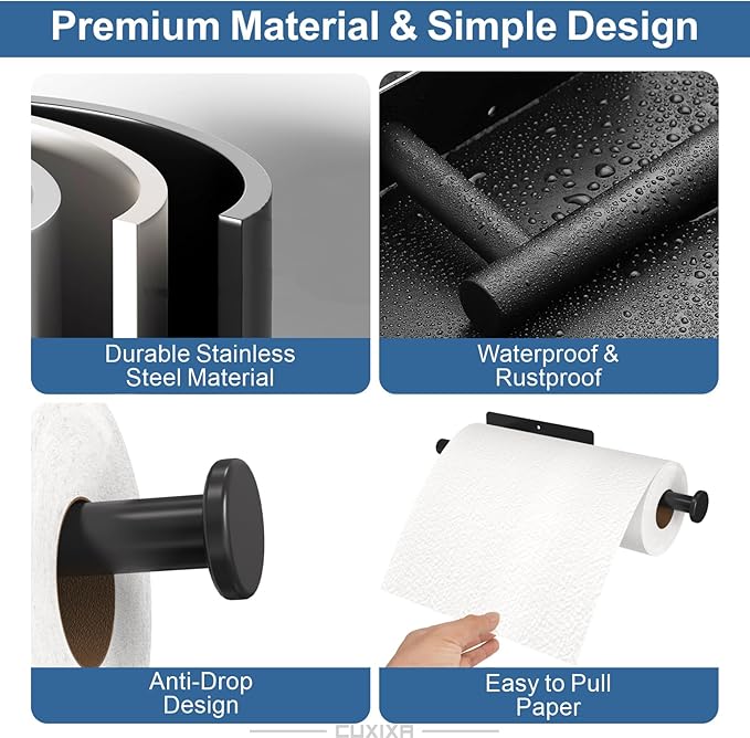 CUXIXA Paper Towel Holder Under Cabinet 2 Pack, Under Counter Paper Towel Holder Wall Mount with Self Adhesive and Screws for Kitchen, Bathroom, RV (Stainless Steel, Black)
