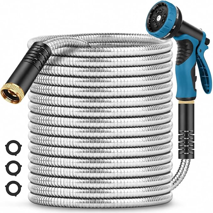 Garden Hose 100ft, Metal Water Hose, Kink-Free, Flexible Stainless Steel Hose, Heavy Duty Abrasion Resistant Leakproof Hose with 10-Function Spray Nozzle for Yard, Lawn, Outdoor, Marine and Camper
