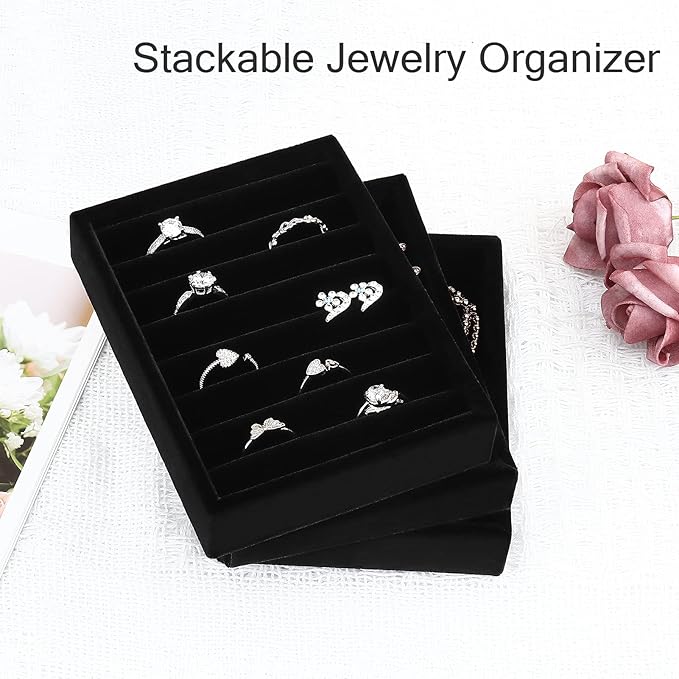 DesignSter Small Jewelry Tray-Ring Organizer 2PCS Premium Velvet Rings Earrings Display Tray Storage Insert Holder for Jewelry Box, Drawer, Dresser (8 Slots, Black)