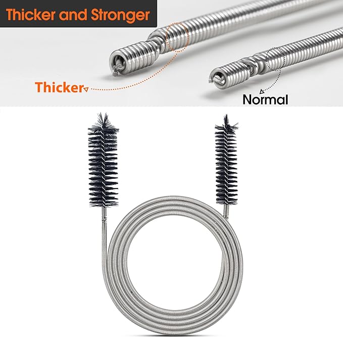 RayTour Extra-Thick Drain Brush with Stronger Spring - 67-Inch Flexible Pipe Cleaning Tool - Dual Bristle Heads - Ideal for Curved Pipes and Slim Holes – Black