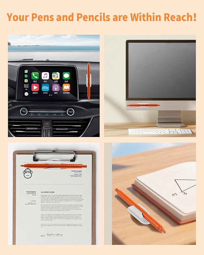 Adhesive Pencil Holders for Desk Set of 10 - Silicone Pen Holder with 15 PCS Adhesive Pads - Flexible Pencil Holder for Office Essentials Accessories and Teacher Supplies, White