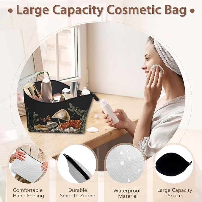 Cute Magic Mushroom Cosmetic Bag Forest Plants Makeup Bags,Travel Make up Bags for Women Girls Cute Zipper Pouch Toiletry Organizer Bag Travel Essentials