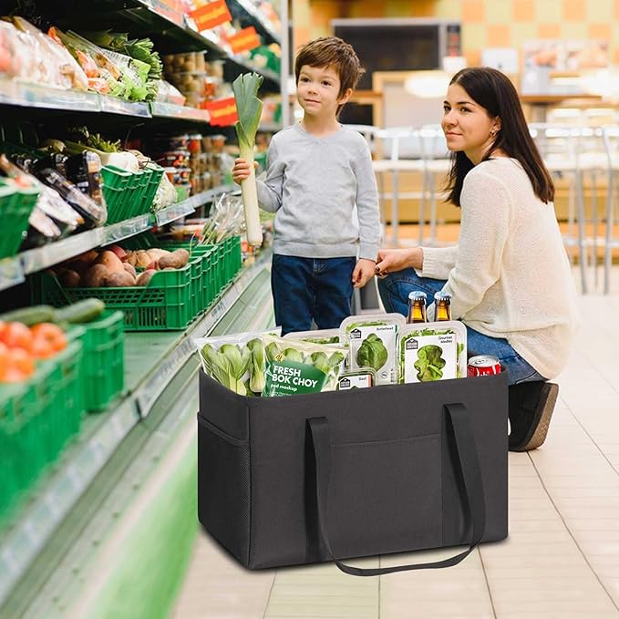 LHZK Standing Utility Tote Bag with Metal Wire Frame and the Sides Rinforced, Large Tote Bag with Handle, Reusable Grocery Bags Foldable, Beach Bag, Car Tote (Black, 18.5''x11.8''x11.5'')