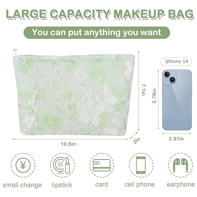 ZLFSRQ Flower Makeup Bag for Women Girls Teens Travel Cute Floral Cosmetic Bags Large Zipper Cosmetic Pouch for Purse Portable Toiletry Bag Aesthetic Embossed Green Makeup Brushes Storage Organizer