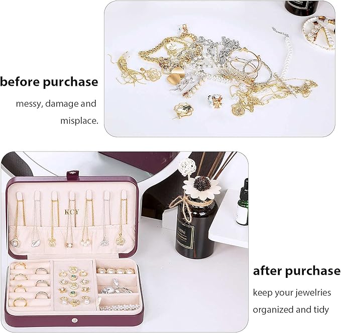 KCY Travel Jewelry Organizer Box for Women Girls, Small Travel Jewelry Case, PU Leather Portable Jewellery Storage Boxes Display Holder for Ring Earrings Necklace Bracelet Bangle, Gifts, Purple