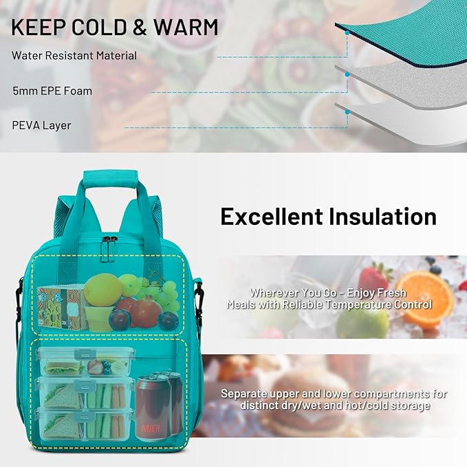 MIER Backpack Cooler 24 Cans Insulated Soft Cooler Bag with Detachable Double Decker Leakproof Lightweight Lunch Back Pack Women Men for Work Travel Picnic,Teal