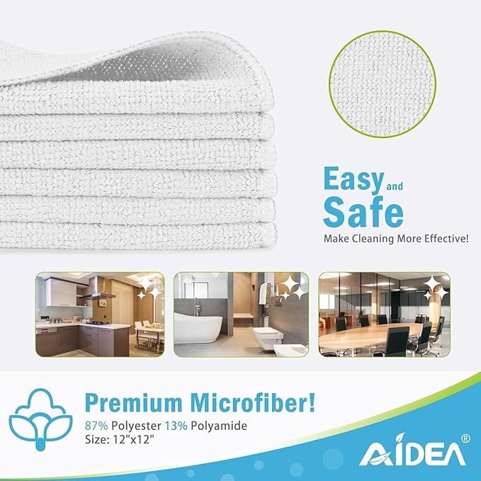 AIDEA Microfiber Cleaning Cloth White-400PK, Soft Microfiber Towels for Cars, Absorbent Cleaning Rags, Lint-Free Streak-Free Wash Cloths for House, Kitchen, Window,11.5"×11.5"
