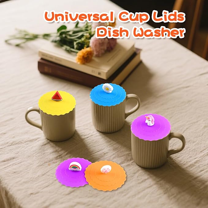 8PCS Silicone Cup Lids Mug Cover, Colorful Food Grade Anti-dust Airtight Seal Lids with Fun Handle Design, Reusable Cute Silicone Cup Covers for Tea Cups Coffee Cups (Style 1)