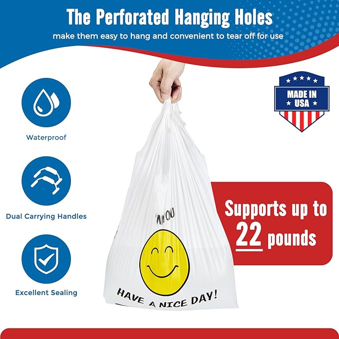 Fuxury 1000 Count Happy Smiling Face Thank You Plastic Bags (11.5 x 6.5 x 21) White, Have a Nice Day T-shirt Bags for Business, Grocery, Take Out, To Go, Retail Shopping in Bulk