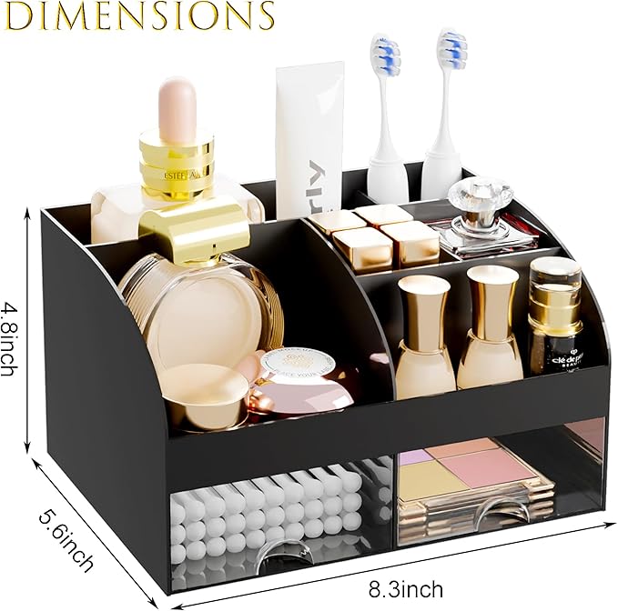 Makeup Organizer with 2 Drawers, Cosmetic Storage for Dresser Vanity and Bathroom Countertop, Makeup Organization and Skincare Storage with Beauty Brush Holder, Cosmetic Display Case (Black)